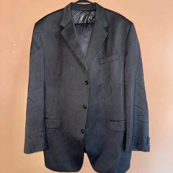 Michael Kors Men Black Pinstripe Full Suit Blazer Set Three Button Wool Size 48L - Picture 1 of 8
